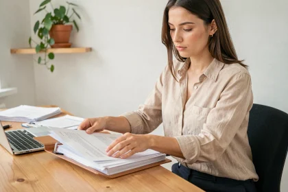 Jeune femme organisant ses documents pour constituer un dossier de location complet à son bureau