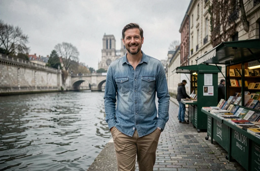 Homme se promenant sur les quais de Seine à Paris, décontracté et serein, évoquant un nouveau départ après une séparation professionnelle