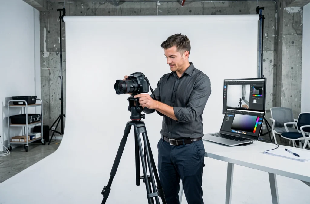 Redline Photo, vidéaste et photographe corporate, dans un studio photo professionnel moderne avec fond blanc et équipement audiovisuel