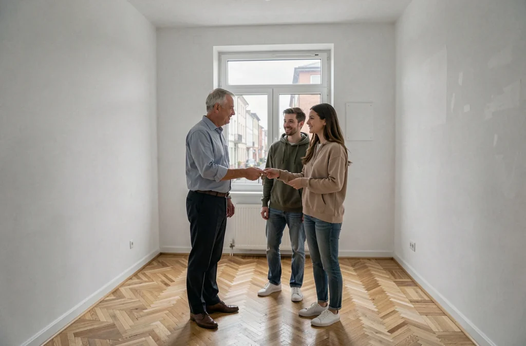 Bailleur remettant les clés d'un appartement à des locataires lors d'une signature de bail