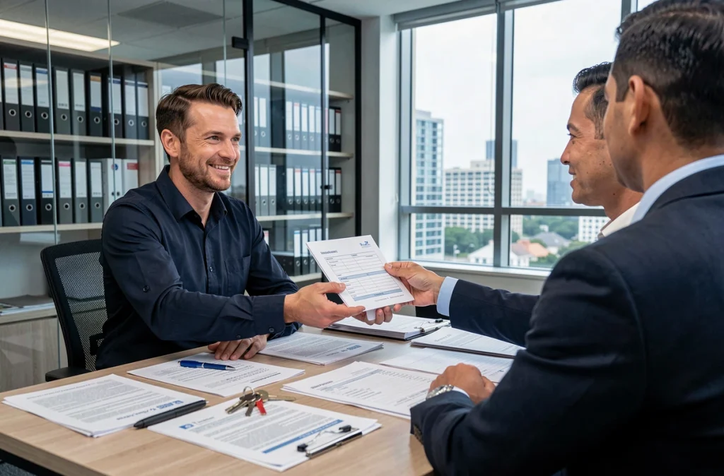 Locataire remettant son dossier de location complet à un agent immobilier dans une agence moderne