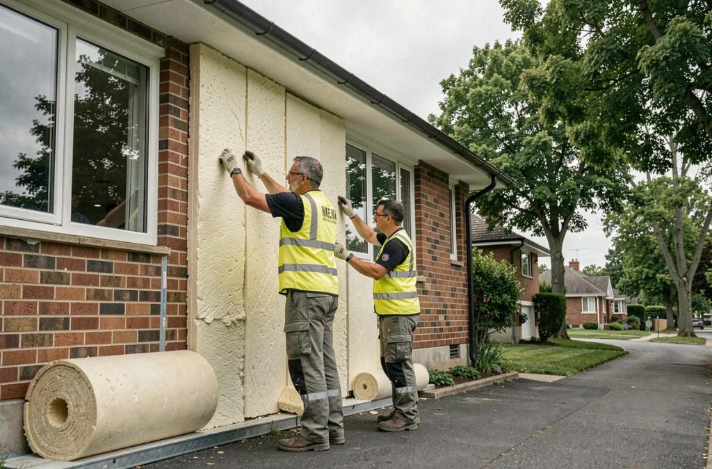 Travaux d'isolation thermique en cours sur la façade d'une maison résidentielle pour améliorer son bilan énergétique