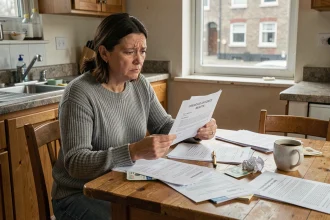 Femme stressée tenant un avis de retard de loyer dans une cuisine modeste, illustrant les conséquences financières d'un impayé de loyer