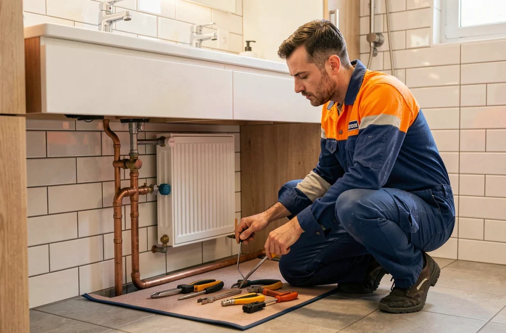 Installateur chauffage et plomberie travaillant sous un lavabo dans une maison en Île-de-France