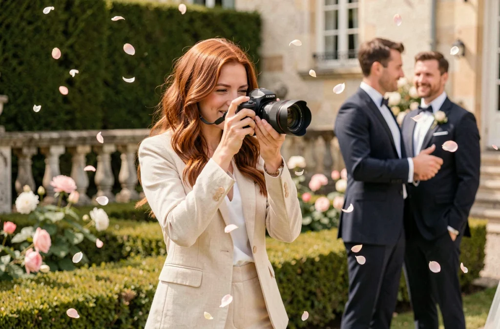 Sarah Steck, vidéaste spécialisée mariage, filmant un couple lors d'une cérémonie en extérieur dans un domaine de campagne française