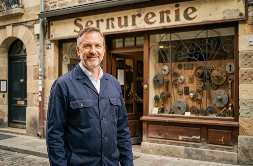 Serrurier expérimenté en uniforme bleu marine devant l'atelier historique de la Serrurerie Templier à Saint-Maur-des-Fossés