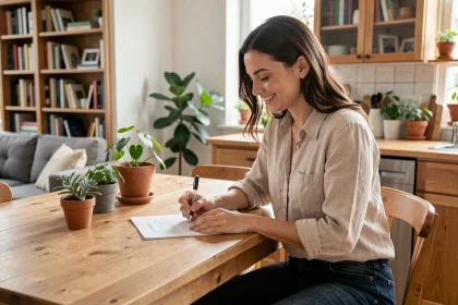 Jeune femme signant un contrat de bail mobilité dans un appartement meublé chaleureux