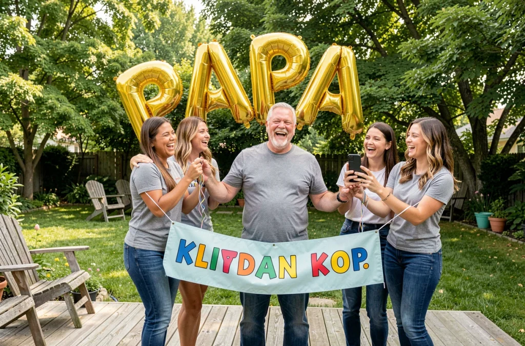 Père surpris et amusé par ses enfants adultes avec des ballons et une banderole humoristique pour son anniversaire dans le jardin