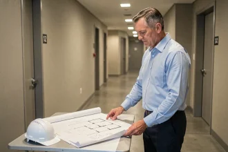 Syndic de copropriété examinant des plans de travaux dans un couloir résidentiel moderne