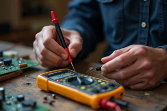 Technicien utilisant un multimètre en mode test de diode avec les sondes sur une diode électronique sur un établi d'atelier