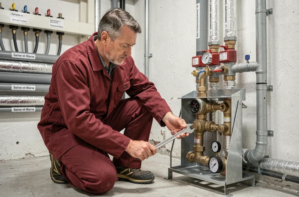 Technicien en systèmes thermiques réglant un plancher chauffant en Essonne