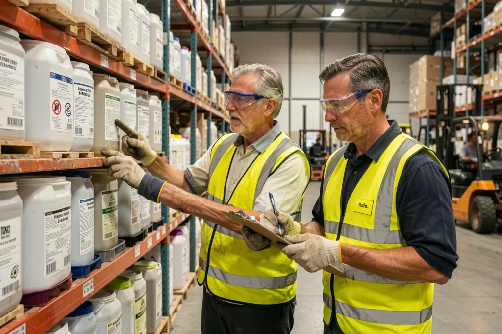 Deux travailleurs en entrepôt évaluant des alternatives sécurisées à des produits industriels sur des étagères de stockage