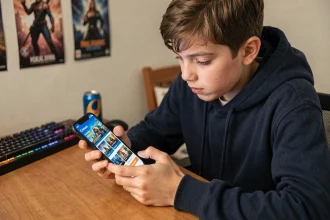 Adolescent vérifiant un code Supercell Store Brawl Stars sur son smartphone dans sa chambre de gamer