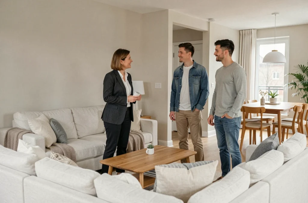 Agent immobilier présentant un appartement meublé à un couple de locataires pour un bail mobilité