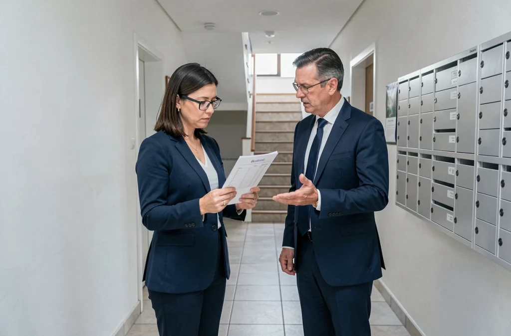 Visite d'un couloir de copropriété avec un agent immobilier lors d'un achat appartement